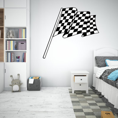 Drapeau à damier, course, drapeau, adhésif mural en vinyle, décoration intérieure, autocollant, voiture de course, garçon, coureur, chambre d'enfant, fini, drapeau, art mural, 266LU