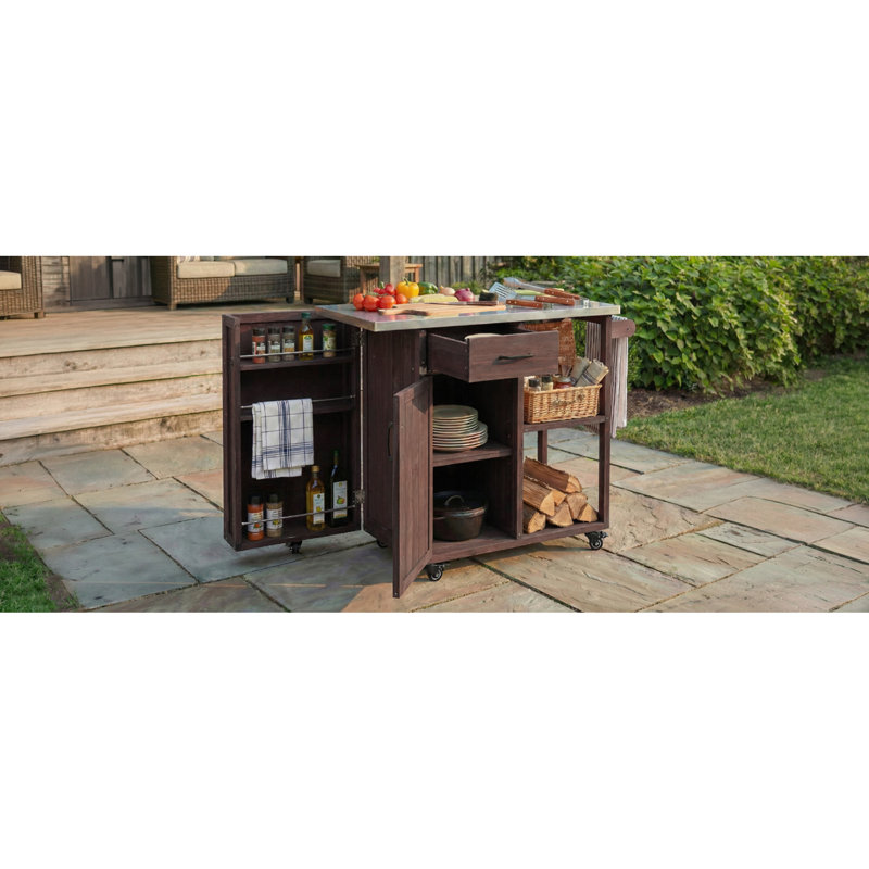 Outdoor Kitchen Island Fir Wood Prep Station Lockable Kitchen Cart With Stainless Top, Ample Storage Space, Towel And Spice Racks For Patio And Outdoor