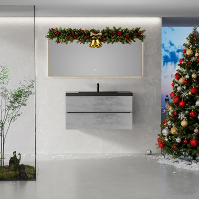 Meuble-lavabo flottant de 42 po avec lavabo, meuble-lavabo mural moderne avec lavabo à quartz noir et tiroirs à fermeture en douceur, gris ciment EDI-Series CM-24V12-42GR