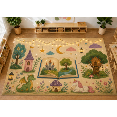 Tapis d'intérieur « ultra fin » 152 x 213 cm (5 pi x 7 pi) à motifs de contes de fées, doux et à poils courts, avec envers antidérapant en silicone, beige, idéal pour la chambre d'enfant et la salle de jeux.