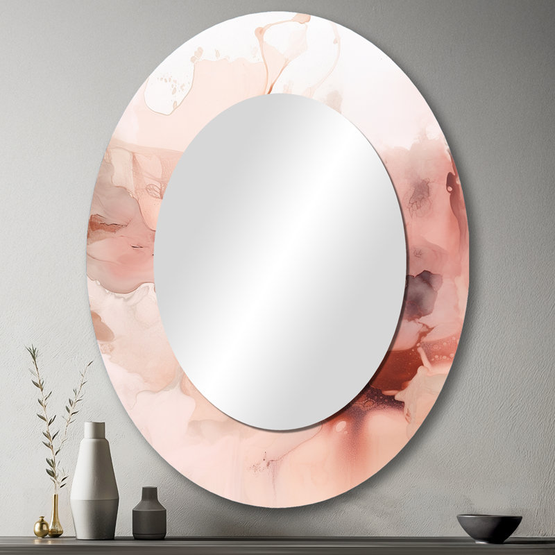 Marbre rose délicat abstrait II - Miroir décoratif abstrait ovale sur métal, 43 po x 33 po