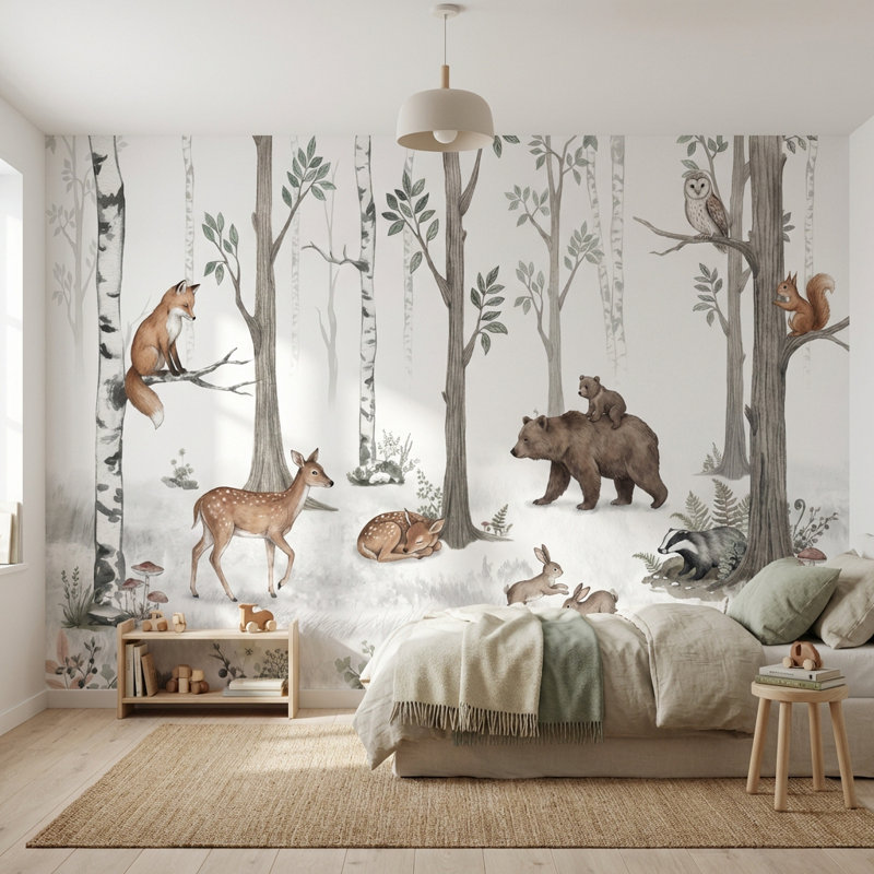 Papier peint forêt, animaux, nature, 120 po x 96 po, Peler et coller