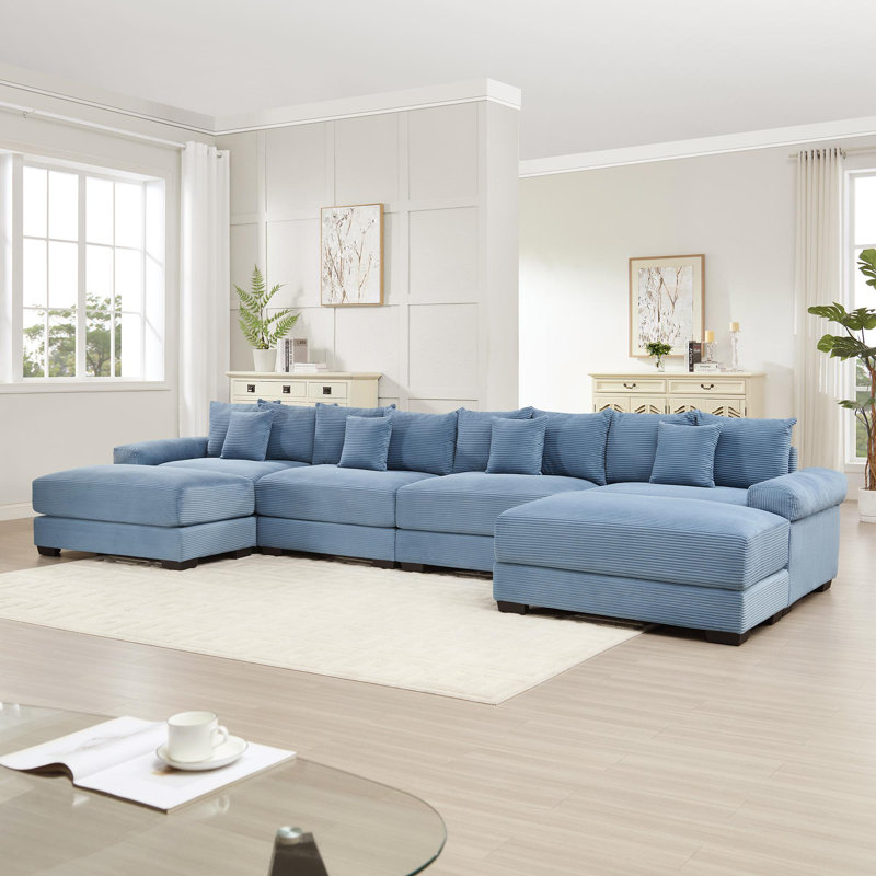 Canapé modulaire surdimensionné en U, Velours côtelé bleu