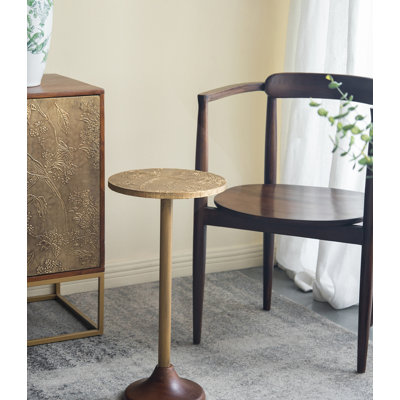11.8X11.8X24" Slender Brass Side Table With Textured Gold Top And Wooden Pedestal Base