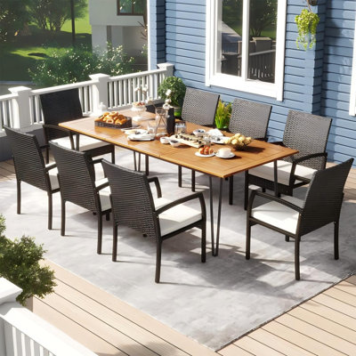 9 Pcs Patio Dining Table Chair Set, 86.5 In. L Dining Table With Umbrella Hole