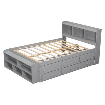 Lit double avec tête de lit bibliothèque, tiroirs de rangement sous le lit et étui de rangement