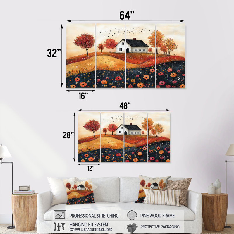 Paysage de ferme orange et noir fabriqué à la main à la maison - ensemble d'art sur toile, H 32 po x l 64 po