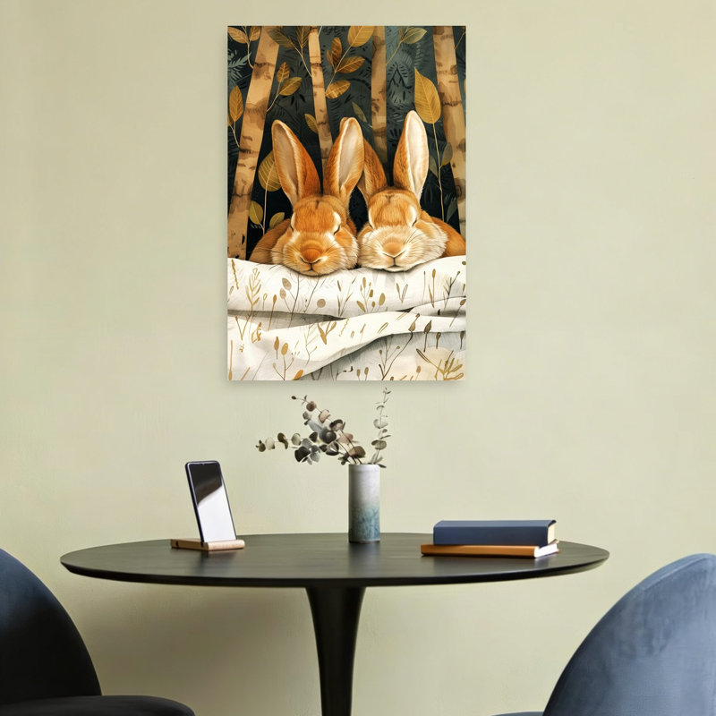 «Sleeping Woodland Bunnies Peaceful Abstract Contemporary Lapin Autumn Forest», reproduction d'art, H 24 po x l 16 po