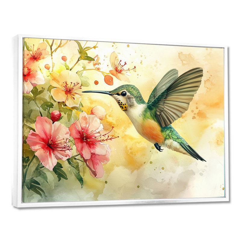 Colibri en vol I - oiseau, décoration murale, H 30 po x l 40 po, Cadre flottant, Blanc
