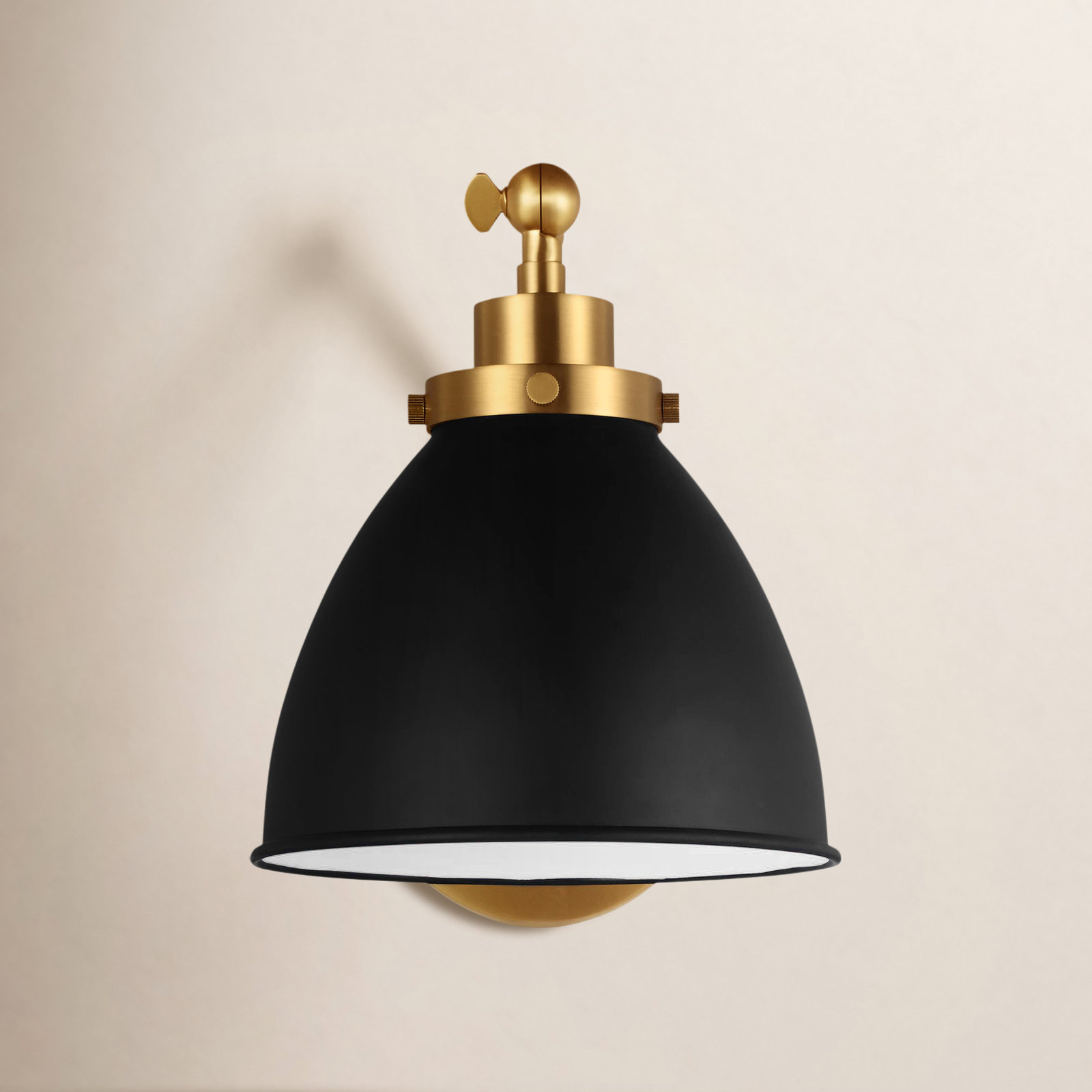 Single Light Dimmable Armed Sconce, Burnished Brass, Midnight Black