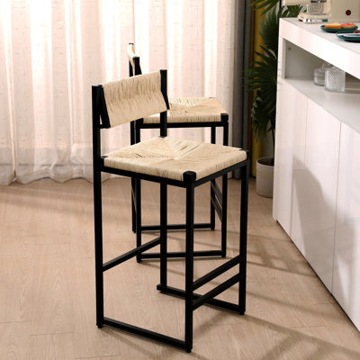 De 2 chaises tissées en corde de papier blanc crémeux, élégantes pour les salles à manger. Structure en métal, siège fait à la main, tabourets de bar Ne pas s'asseoir sur la table - Design ergonomique, îlot de cuisine idéal, capacité de la pièce: 220 lb