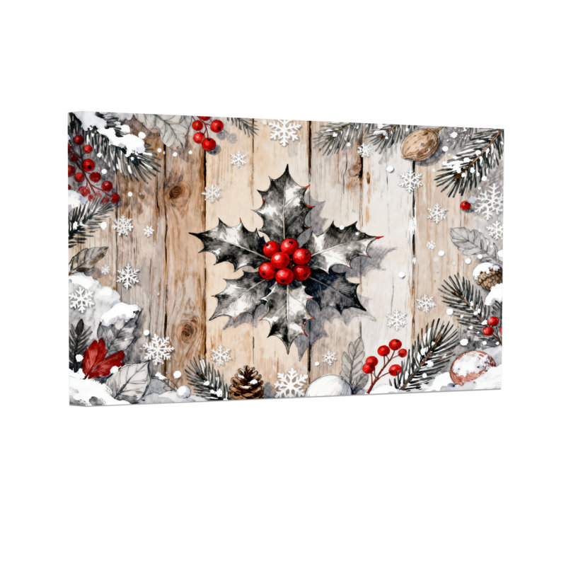 Ensemble de 3 impressions sur toile de Noël en bois avec houx et flocons de neige, H 12 po x l 18 po