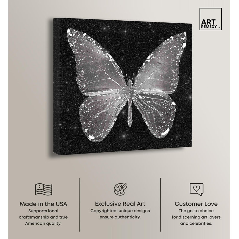 Sparkling Silver Butterfly Canvas Art with Wooden Frame