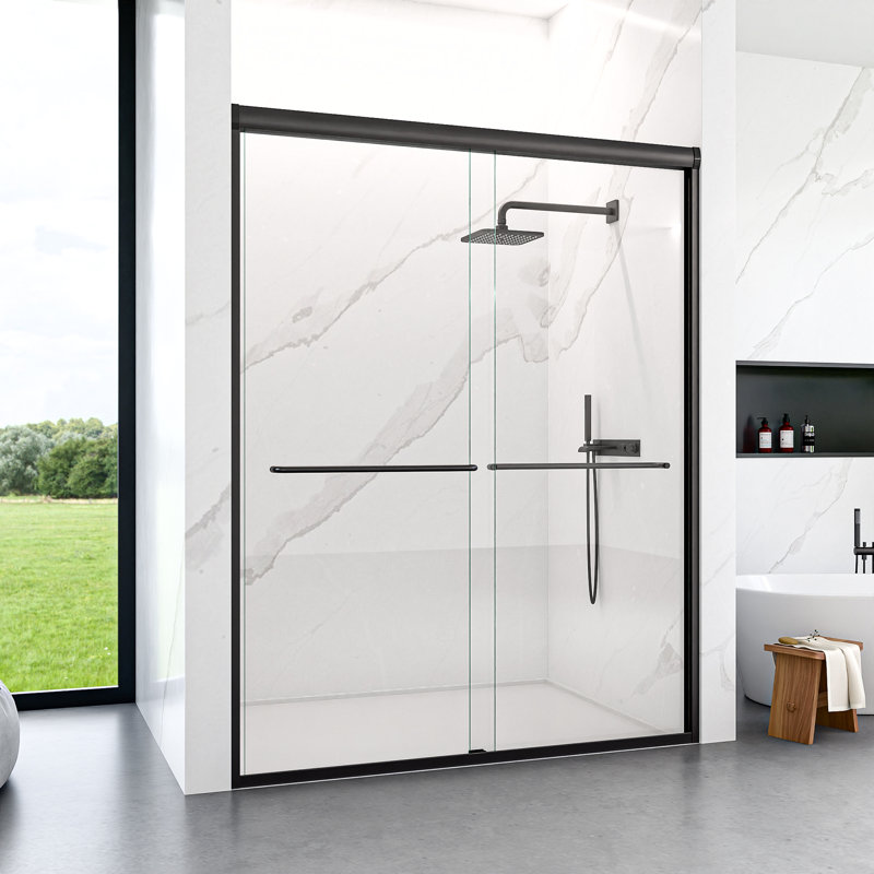 56"-60"W*72" H Semi-Frameless Double Sliding Shower Door, Bypass Shower Door, Matte Black