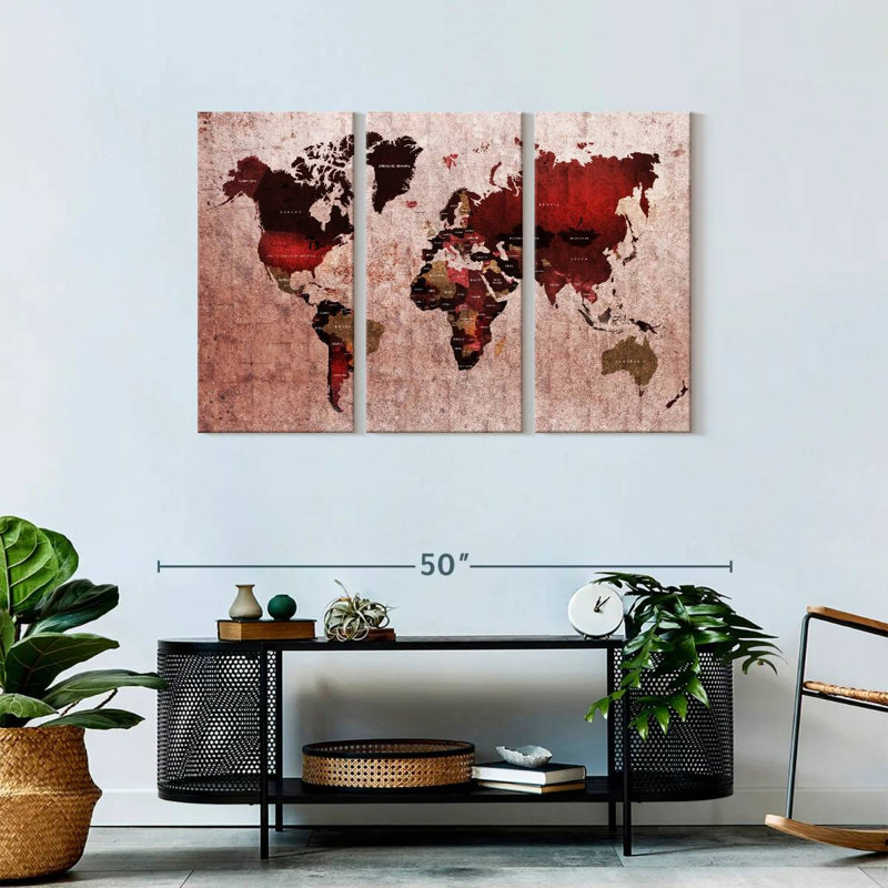 " Ruby World Map " 3 Piece Art Set, 28" H x 45" W x 1.25" D