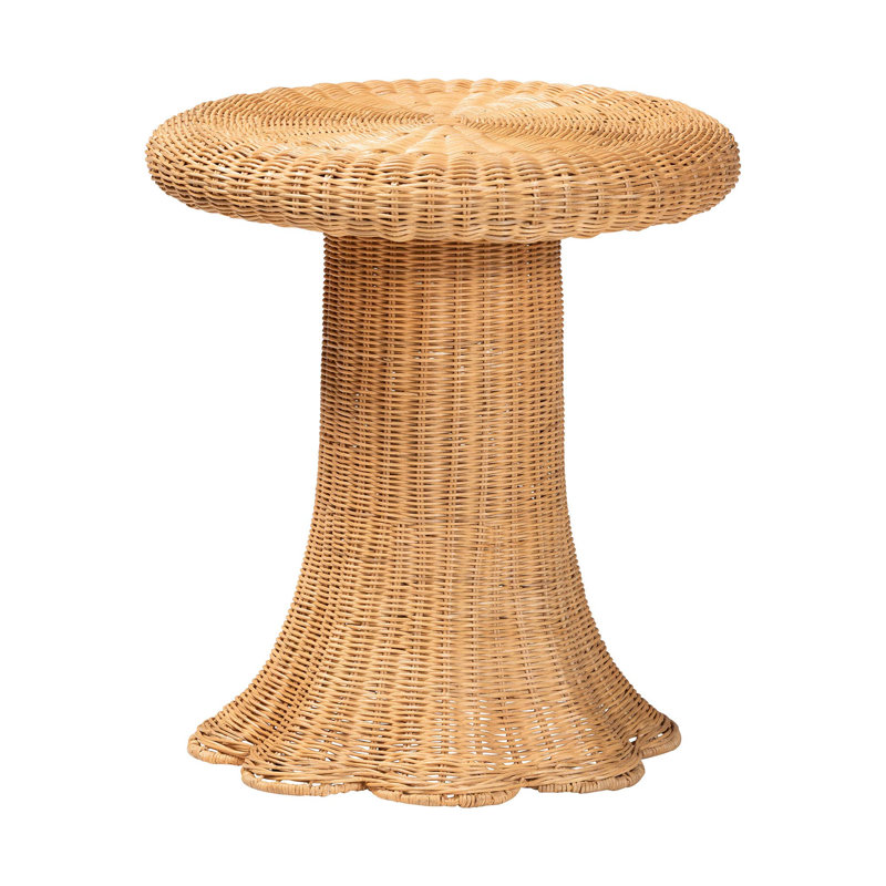 Bali & Pari Avalon Scallop Natural Rattan Pedestal Side Table – Round Handwoven Wicker Accent Table With Skirted Base