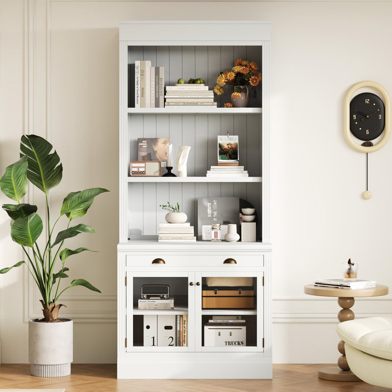 Bibliothèque blanche moderne de 83,4 po de hauteur avec 2 portes en verre, 1 tiroir, une tablette réglable et un tiroir lisse - en bois massif, matériau rectangulaire de style 3 tablettes ouvertes pour l'organisation de bureau en bois