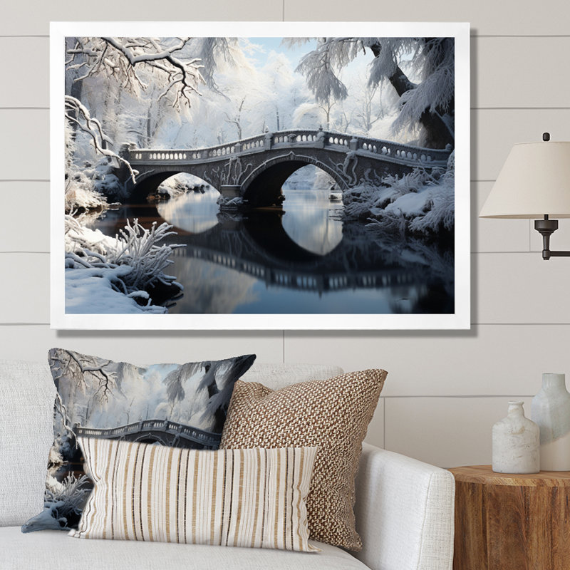 Winter Landscape Snowy Bridges I - Winter Landscape, art mural encadré, H 16 po x l 32 po x P 1 po, Cadre simple blanc