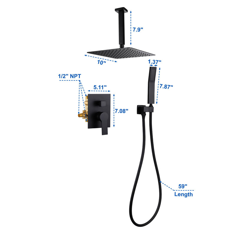 Système de douche complet avec valve brute, Noir mat