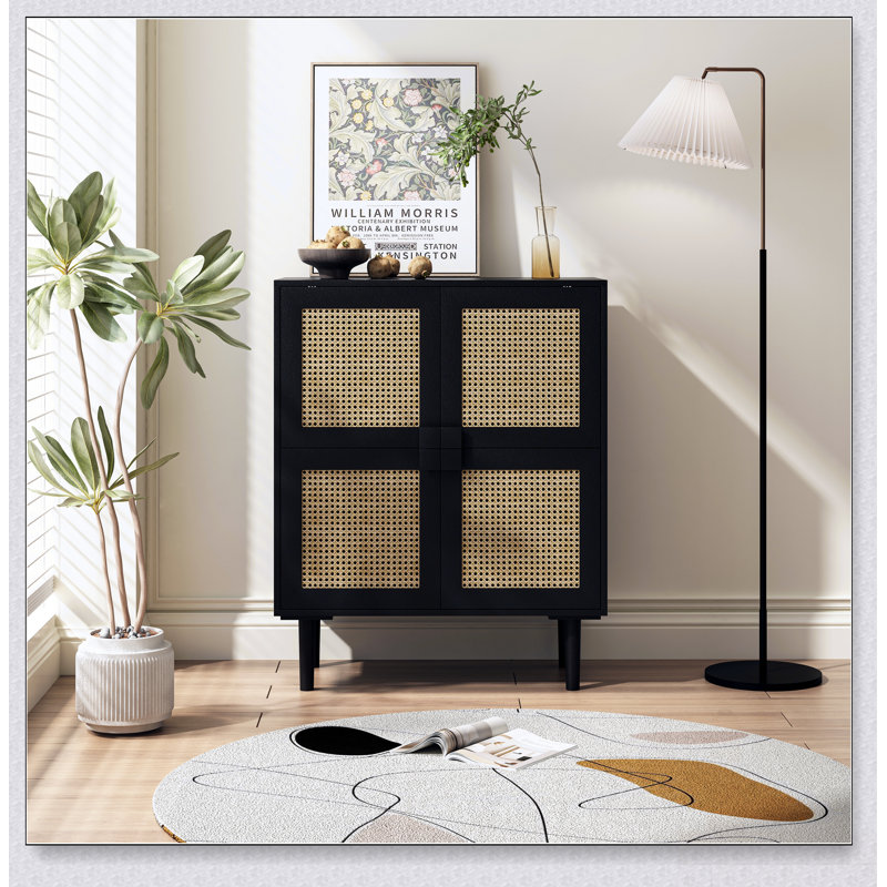4-Doors Mesh Storage Cabinet With Eight Spacious Shelves, Ideal For Entryway, Living Room, And Hallway, Black