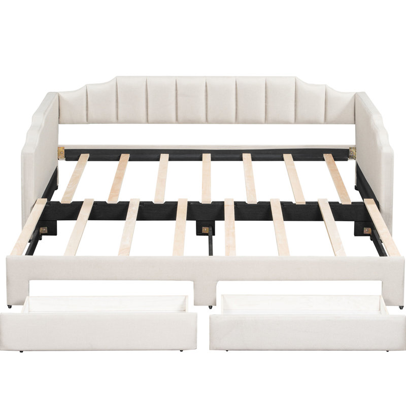 Lit de jour extensible simple TG avec 2 tiroirs de rangement et lumière DEL, convertible en très grand lit, beige, Beige