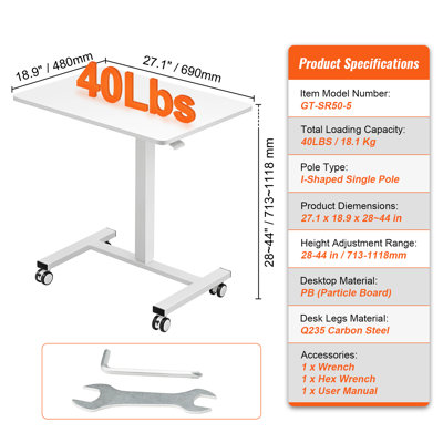 Bureau assis-debout mobile, hauteur réglable par vérin à gaz (71-112 cm), 4 roues pivotantes à 360° (dont 2 verrouillables), chariot pour ordinateur portable, idéal pour la maison, le bureau ou l'école, charge maximale : 18 kg