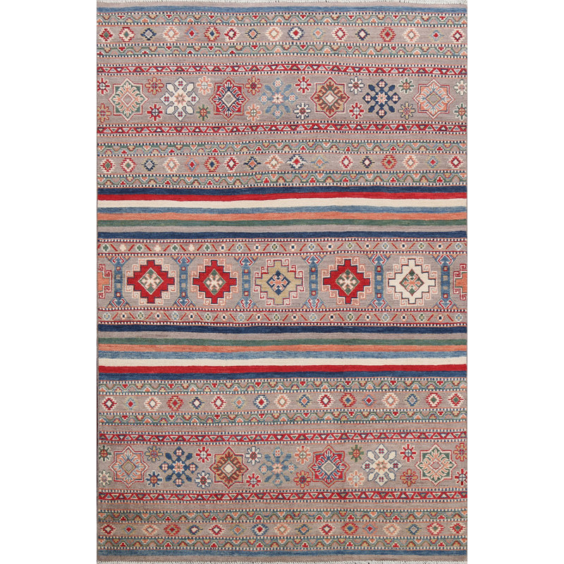 Tapis gris / rouge / bleu en laine noué à la main de conception unique 4 pi 11 po x 6 pi 8 po New Age