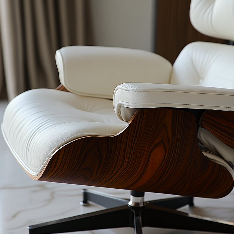 Real Leather lounge chair with Solid Wood, Rosewood White Genuine Leather