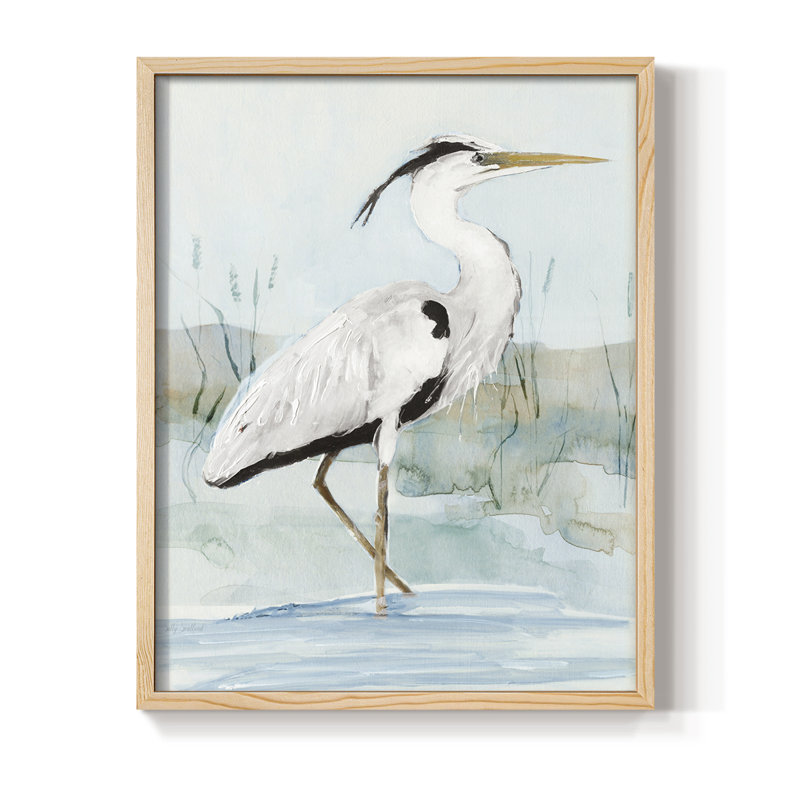 Heron on Blue I, reproduction encadrée - bois massif, Naturel, H 11 po x l 9 po