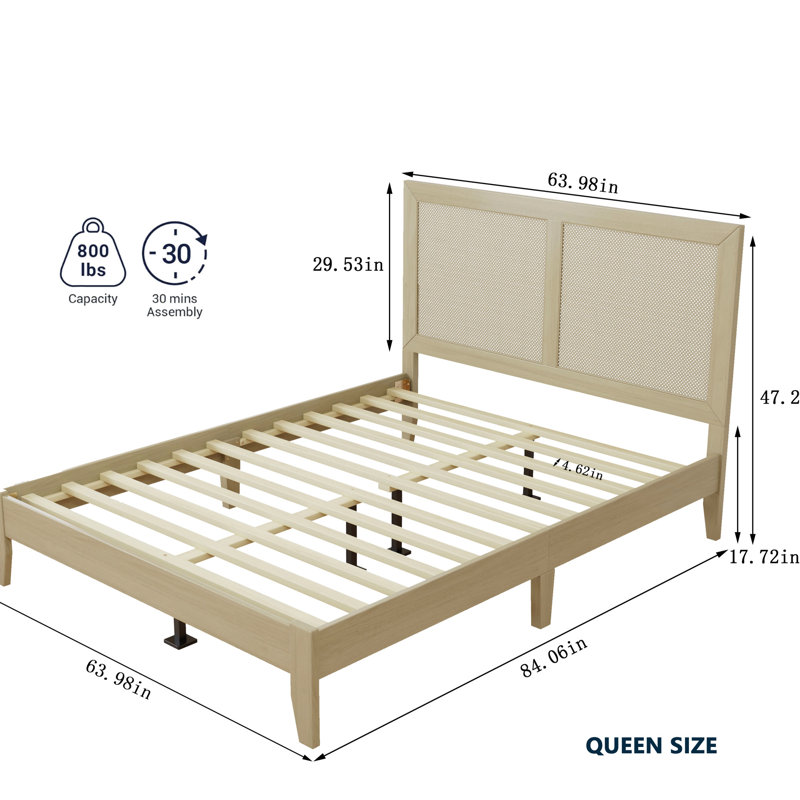King Bed With Embellished Headboard, Contemporary And Casual Bedroom Use, Rubber Wood Frame, Optimal Mattress Support, No Box Spring Needed Queen Solid Platform , Natural Tone, Silent Slats, High -