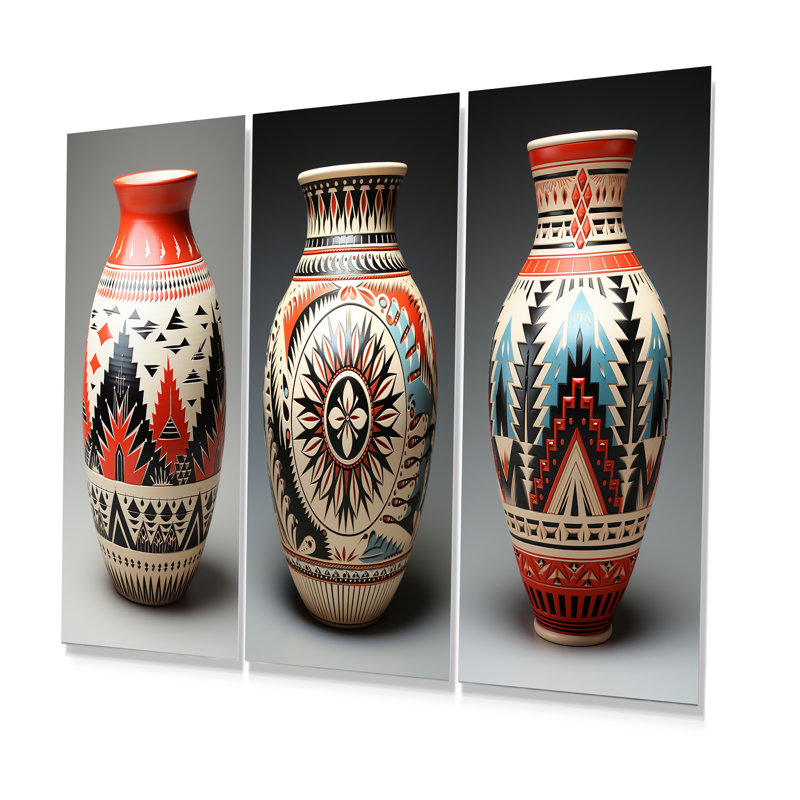 «Native Pueblo Pottery - Abstract Still Lifes», ensemble de 3 reproductions d'art mural en métal, H 28 po x l 36 po