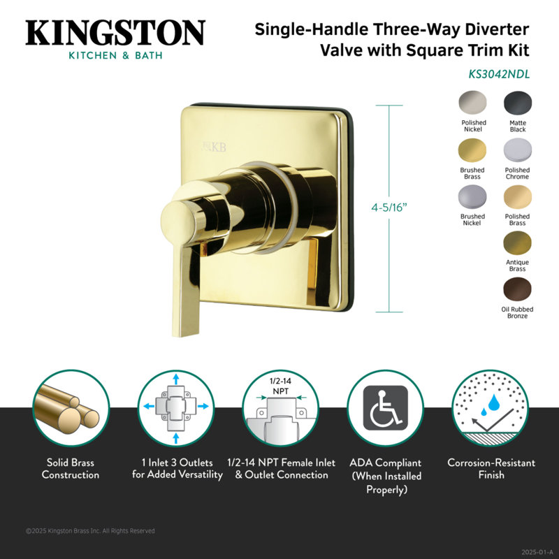 Kingston Brass NuvoFusion Single-Handle Wall Mount Three-Way Diverter Valve with Trim Kit, Matte Black