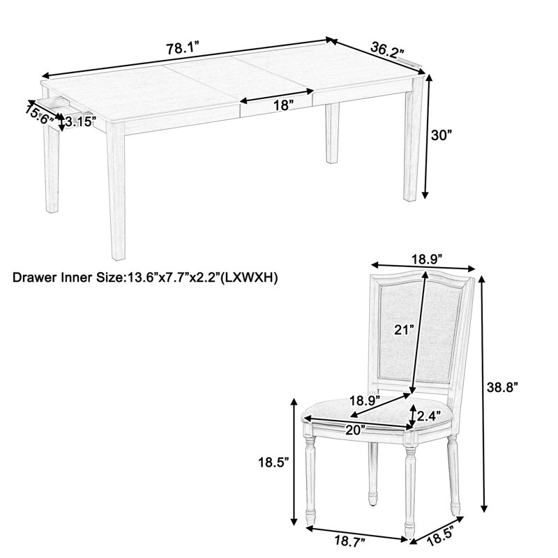 Table à manger rustique pour 6 personnes, table extensible en bois massif avec 2 tiroirs, 6 chaises rembourrées 7 fonctions, chaises, conception magnifique intégrée