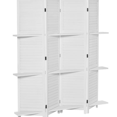 4 Panel 67" Tall Wood Privacy Screen, 3 Display Shelves & Folding For Bedroom/Home Office, White Screen With Shelves, Bedroom/Home,