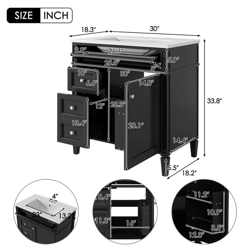 Meuble-lavabo moderne de 30 po avec lavabo supérieur, meuble-lavabo moderne avec 2 tiroirs et un tiroir basculant, meuble-lavabo simple Gadskin
