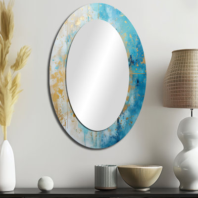 Divine Mandala Delicate Gold Gentle Turquoise I - Geometric Oval Decorative Mirror On Metal