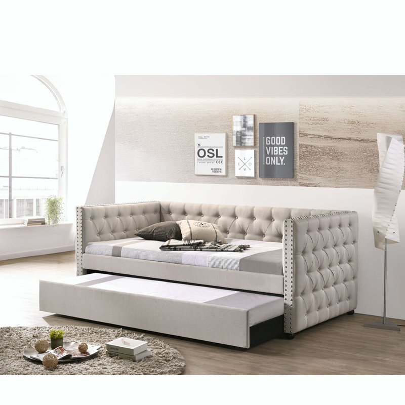 Wickman Daybed with Trundle,Platform Bed,Bed Frame, Twin, Beige, Solid Wood