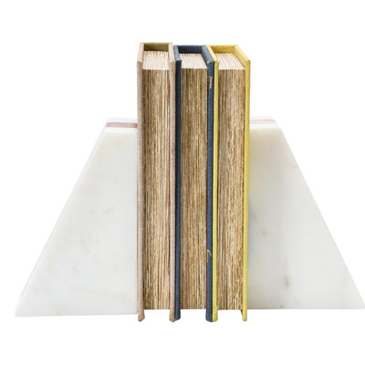 White Marble Geometric Bookends with Wood Inlay, Heavy Duty Decorative Book Stoppers
