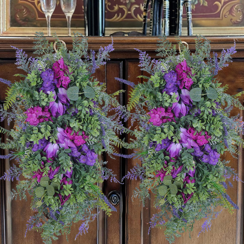 2 pièces couronne de printemps pour porte d'entrée, guirlande de printemps en forme de goutte, guirlande de fleurs de tulipe lavande artificielle avec feuilles vertes, couronne de guirlande florale artificielle pour décoration murale de fenêtre