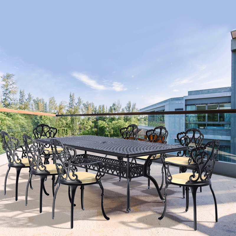 Ensemble de 9 meubles de patio en fonte d'aluminium avec structure noire et coussins de siège blanc cassé, 8
