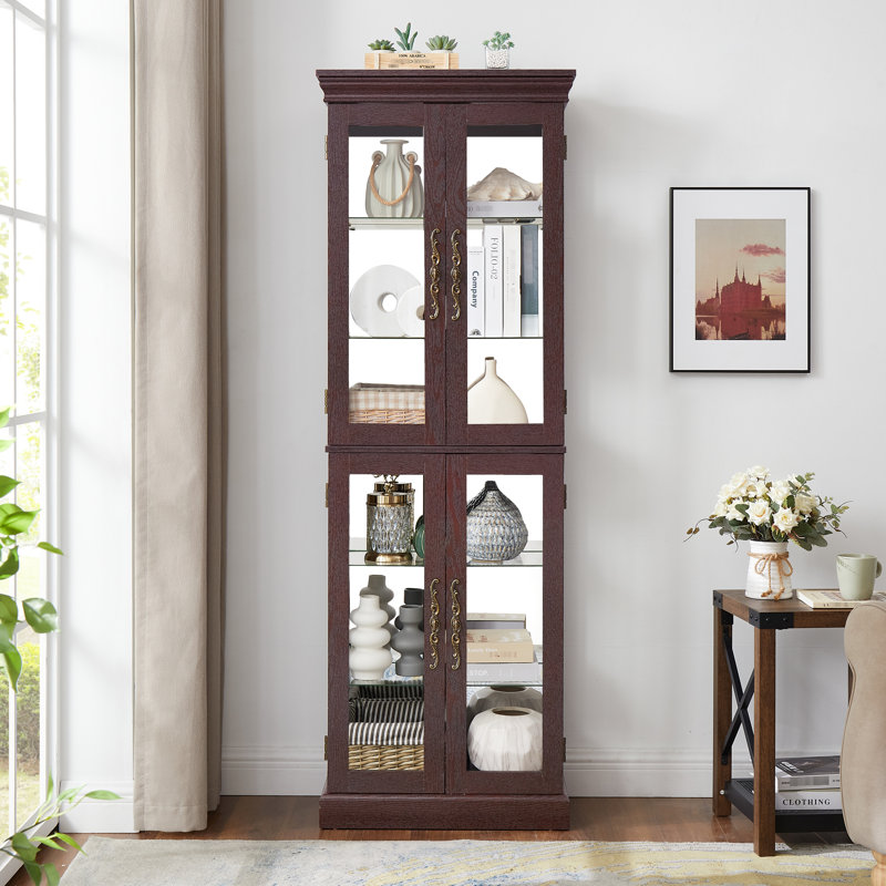 Dark Cherry Storage Unit With Sophisticated Lighting And Customizable - 24.86 In. Deep Lighted Pantry Cabinet Vintage Handle Appearance 86.58 Lb