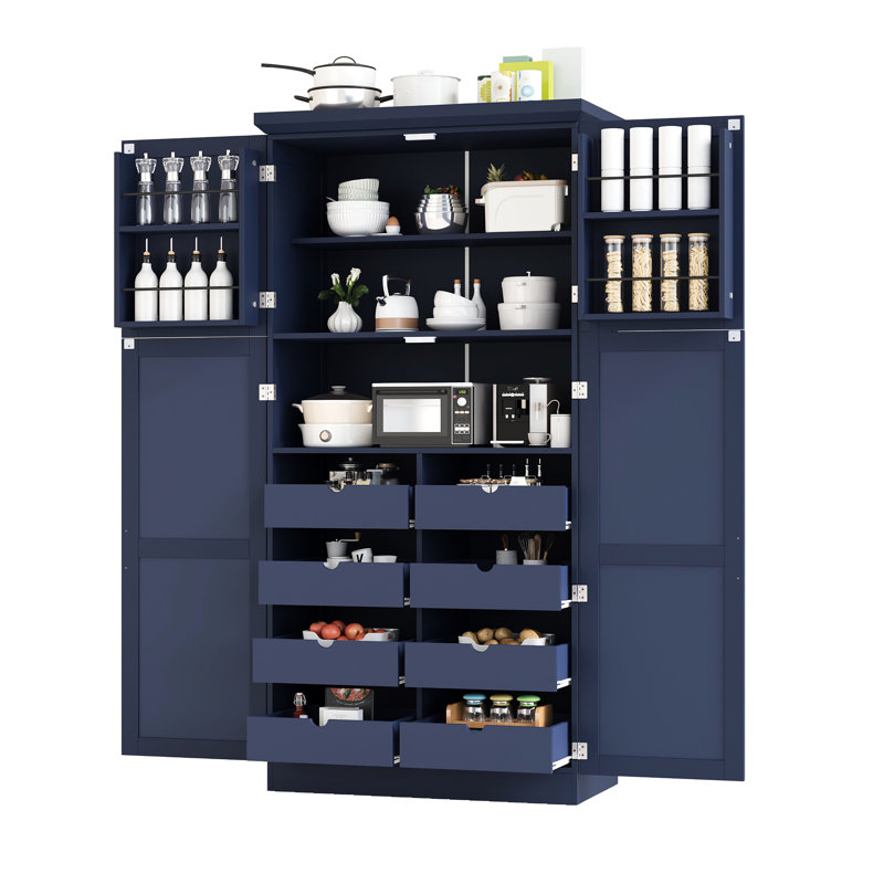 Garde-manger autoportant de 17,6 pouces de profondeur pour salle à manger avec 4 portes, 2 tablettes de porte et 3 tablettes réglables de style Shaker bleu à poignées longues, bouchons magnétiques, 8 plateaux coulissants