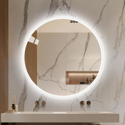 Miroir de salle de bain rond à DEL avec lumière, miroir de meuble-lavabo mural, antibuée, température de couleur réglable et fonction de gradation, convient aux miroirs de maquillage dans les chambres et les salles de bain