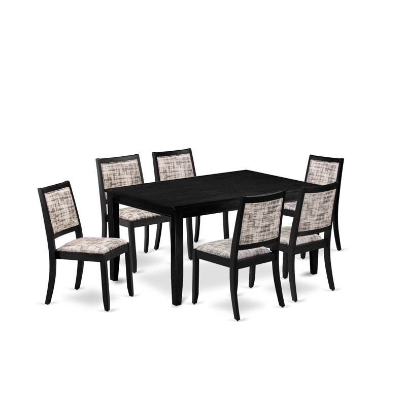 Dining Set Includes a Rectangular Kitchen Table with Black Tabletop and Stackable Polyester Fabric Chairs, Black, 7