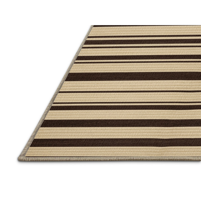 Washable Ecru Dark Brown Striped Area Rug, Round 7'