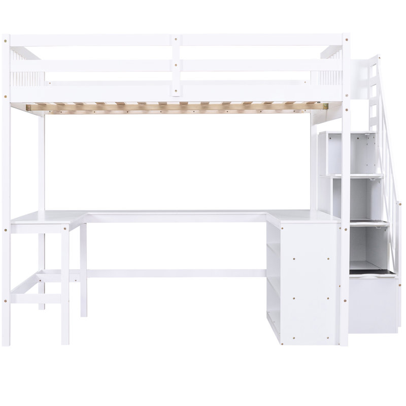 Lit mezzanine double avec bureau en L, rangement et escalier en blanc - Maximisez les tablettes de votre chambre à coucher