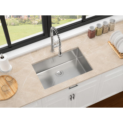 Évier de cuisine à simple cuve encastrable 28 po, L 28 po x l 18 po x H 9 po, évier de cuisine robuste en acier inoxydable T-304 de calibre 16 avec crépine pour la rénovation de petite cuisine (sans accessoires supplémentaires)