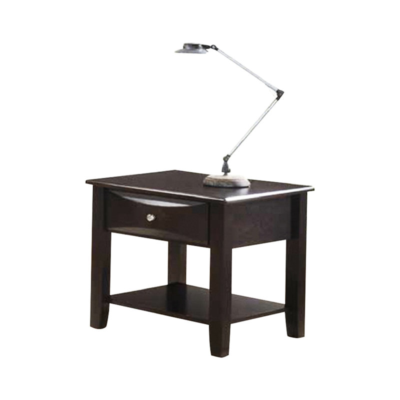 Table de bout rectangulaire en bois massif brun avec tiroir et tablette