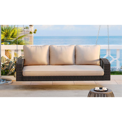 Balancelle de porche 3 places en résine tressée PE de 175 cm avec chaînes, grande balançoire de patio avec coussins pour cour arrière, jardin et bord de piscine, brun