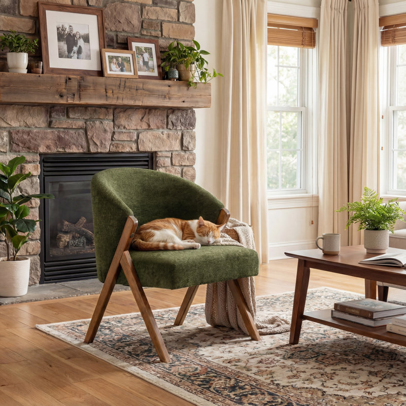 Modern Upholstered Lounge Chair with Solid Wood Frame, Green